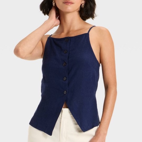 a new day Tops - Navy Linen Blend Button Front Vest